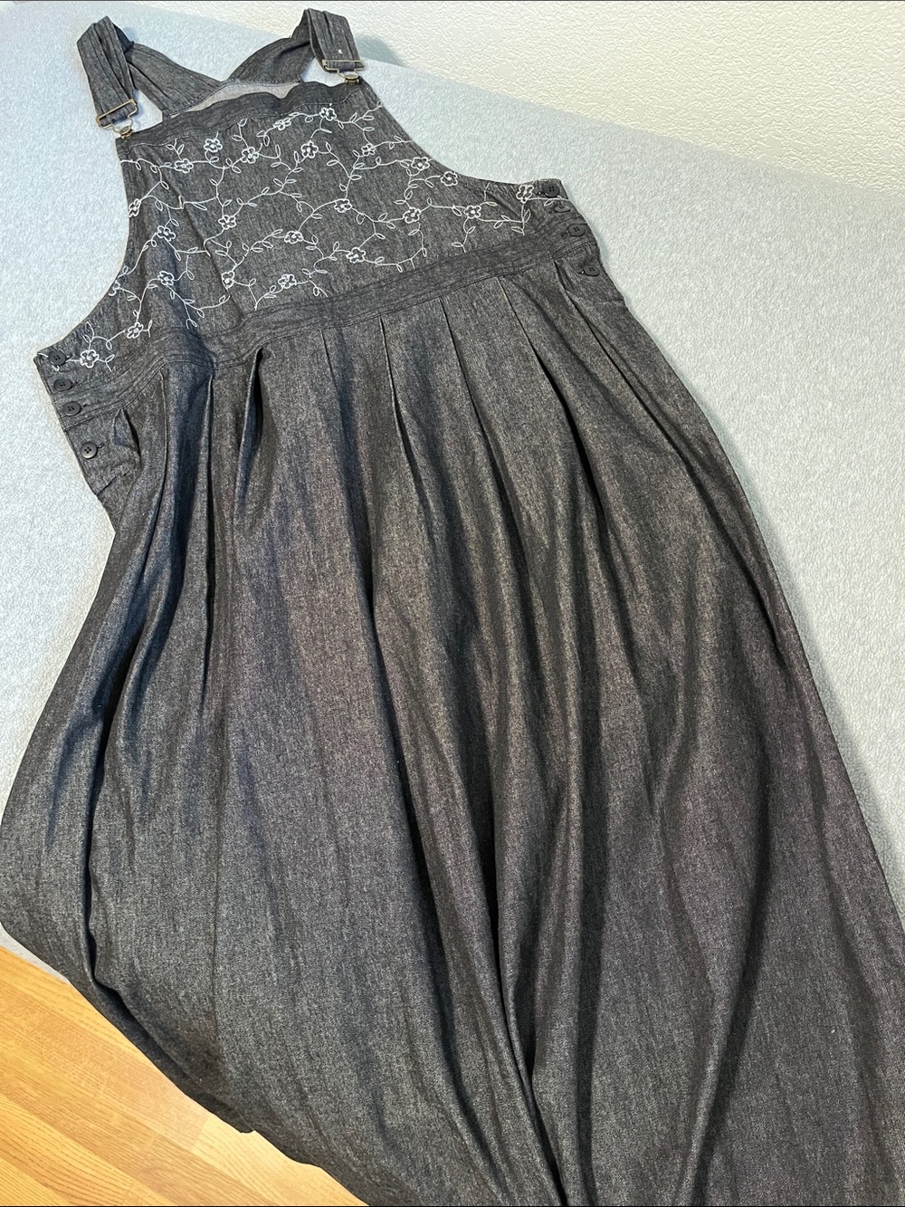 Vintage Denim Maxi Overall Jumper Dress XL Modest Teacher Pleated Chambray